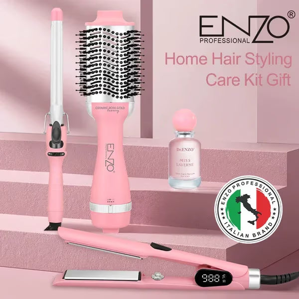 بكج سشوار ثلاثي فرشاة سشوار وفير وسترتينر مع يروم هدية ماركة ENZO