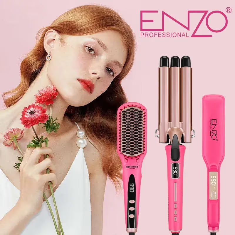 بكج شعر 3 قطع من ENZO – فرشاة, ستريتنر ، فير ثنائي ثلاثي