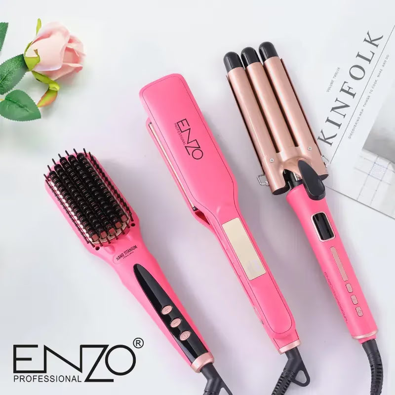 بكج شعر 3 قطع من ENZO – فرشاة, ستريتنر ، فير ثنائي ثلاثي