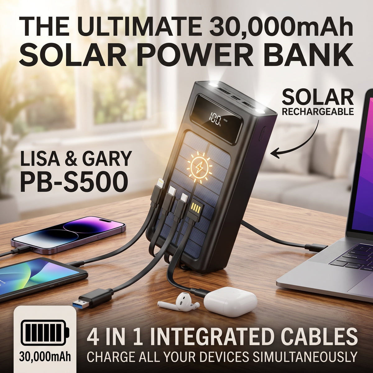 Solar Power Bank  (30.000mAh)  باور بانك طاقة شمسية بقدرة