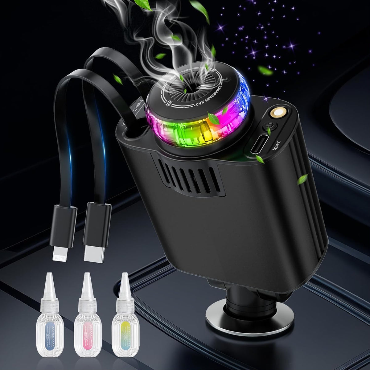شاحن سيارة 5 في 1 مع معطر ومؤثرات إضاءة LED - 5-in-1 car charger with air freshener and LED light effects