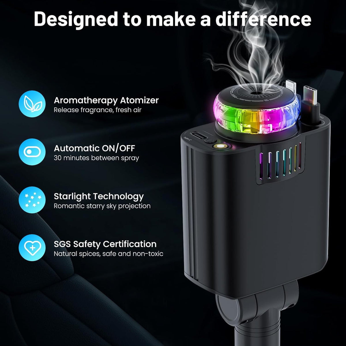 شاحن سيارة 5 في 1 مع معطر ومؤثرات إضاءة LED - 5-in-1 car charger with air freshener and LED light effects