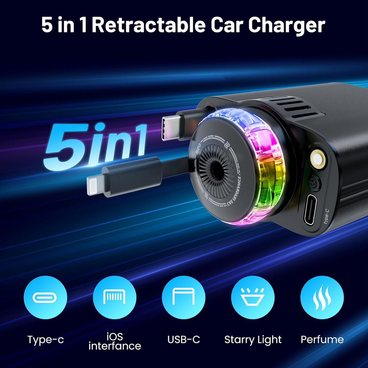 شاحن سيارة 5 في 1 مع معطر ومؤثرات إضاءة LED - 5-in-1 car charger with air freshener and LED light effects