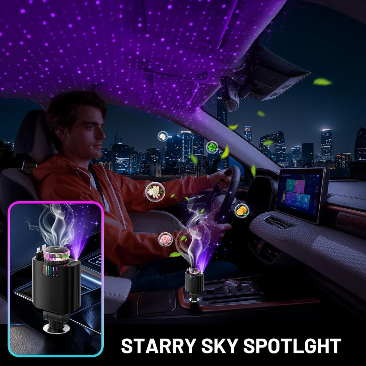 شاحن سيارة 5 في 1 مع معطر ومؤثرات إضاءة LED - 5-in-1 car charger with air freshener and LED light effects