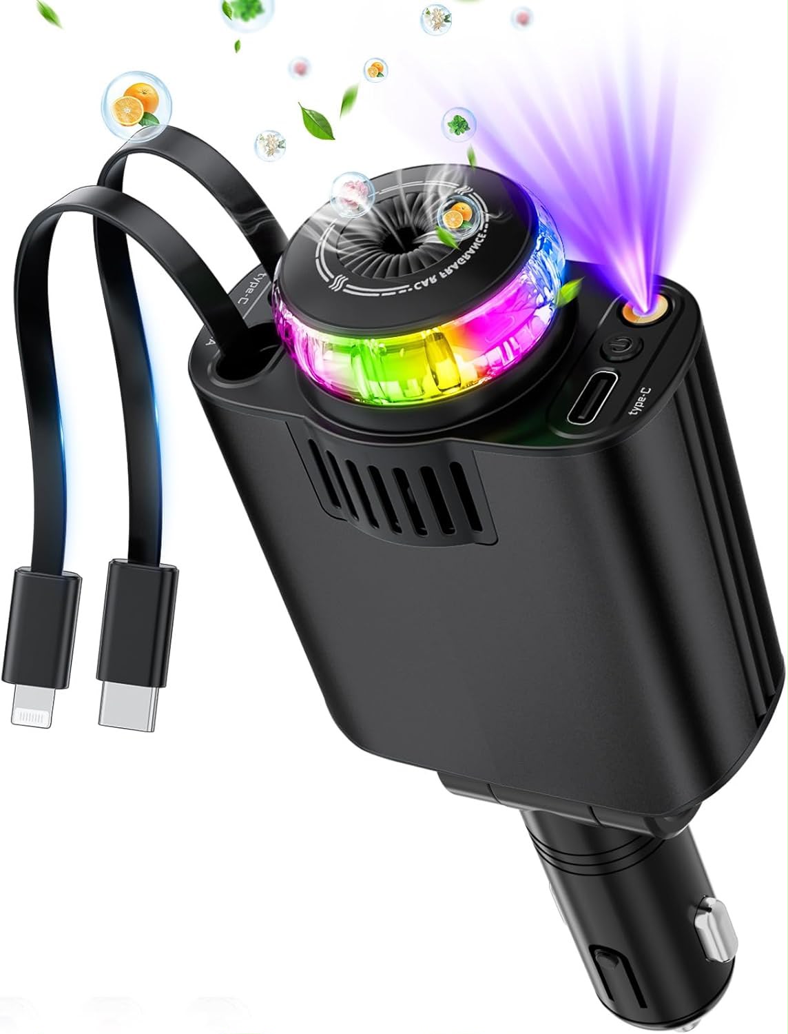 شاحن سيارة 5 في 1 مع معطر ومؤثرات إضاءة LED - 5-in-1 car charger with air freshener and LED light effects
