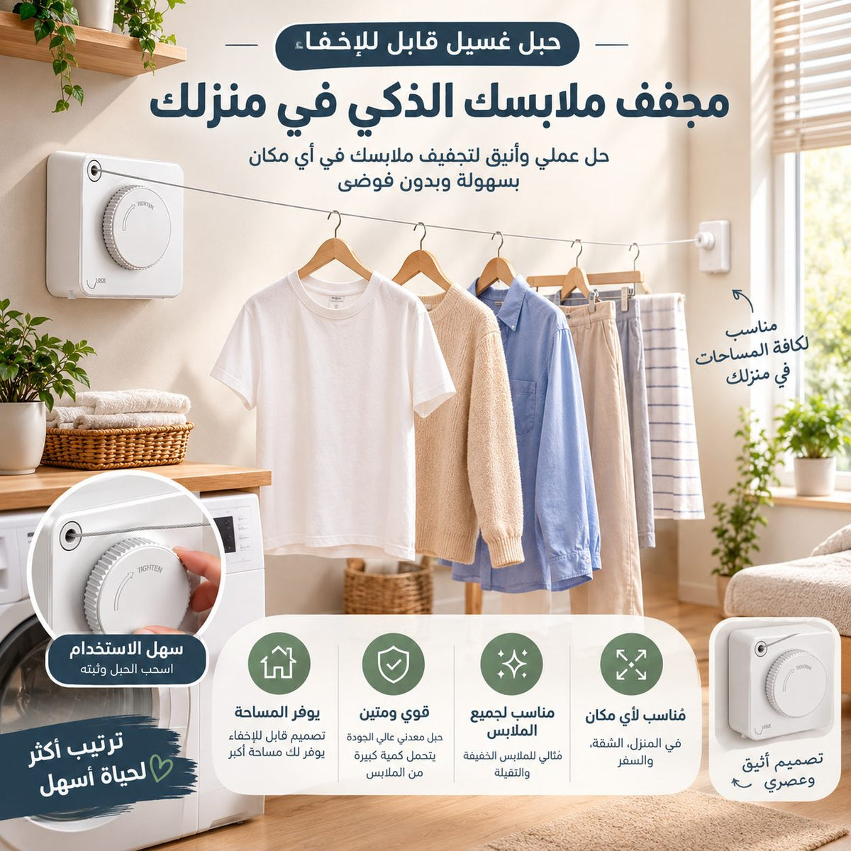 حبل غسيل قابل للإخفاء – عملي، أنيق ويوفر المساحة